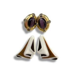 1980s 2 Pair Pierced Earrings Goldtone Purple Abstract